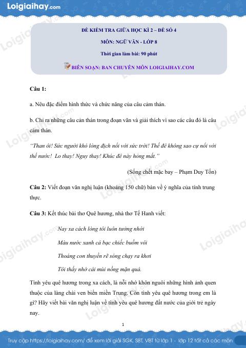 Đề thi giữa kì 2 Văn 8 - Đề số 4